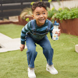 A child holding a car print Kid Kanteen 12oz Narrow Sippy Bottle.