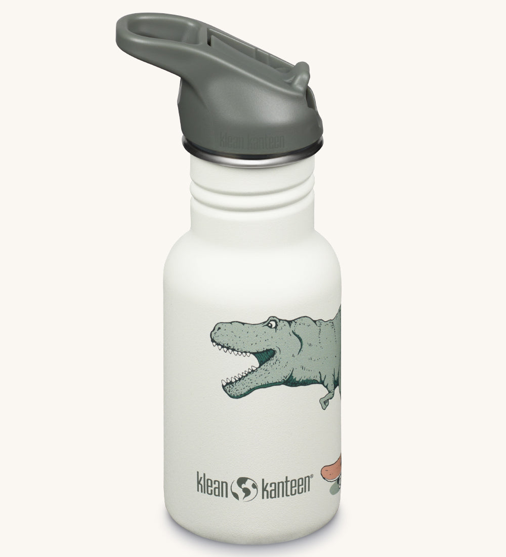 A Dino Skate white coloured Kid Kanteen 12oz Narrow Flip Seal Sport Cap Water Bottle.
