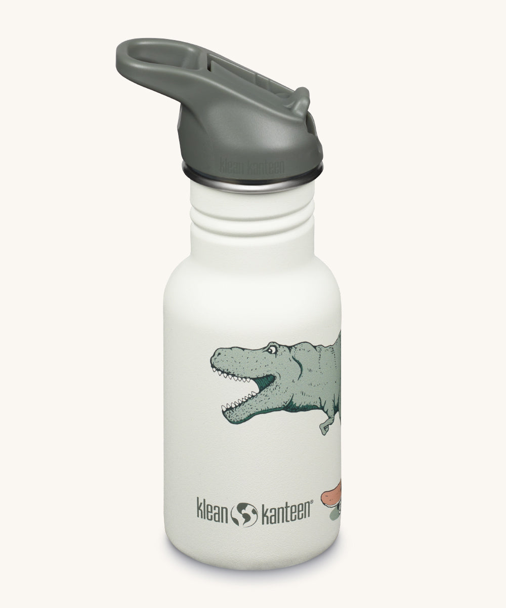 A Dino Skate white coloured Kid Kanteen 12oz Narrow Flip Seal Sport Cap Water Bottle.