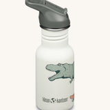 A Dino Skate white coloured Kid Kanteen 12oz Narrow Flip Seal Sport Cap Water Bottle.