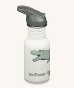A Dino Skate white coloured Kid Kanteen 12oz Narrow Flip Seal Sport Cap Water Bottle.