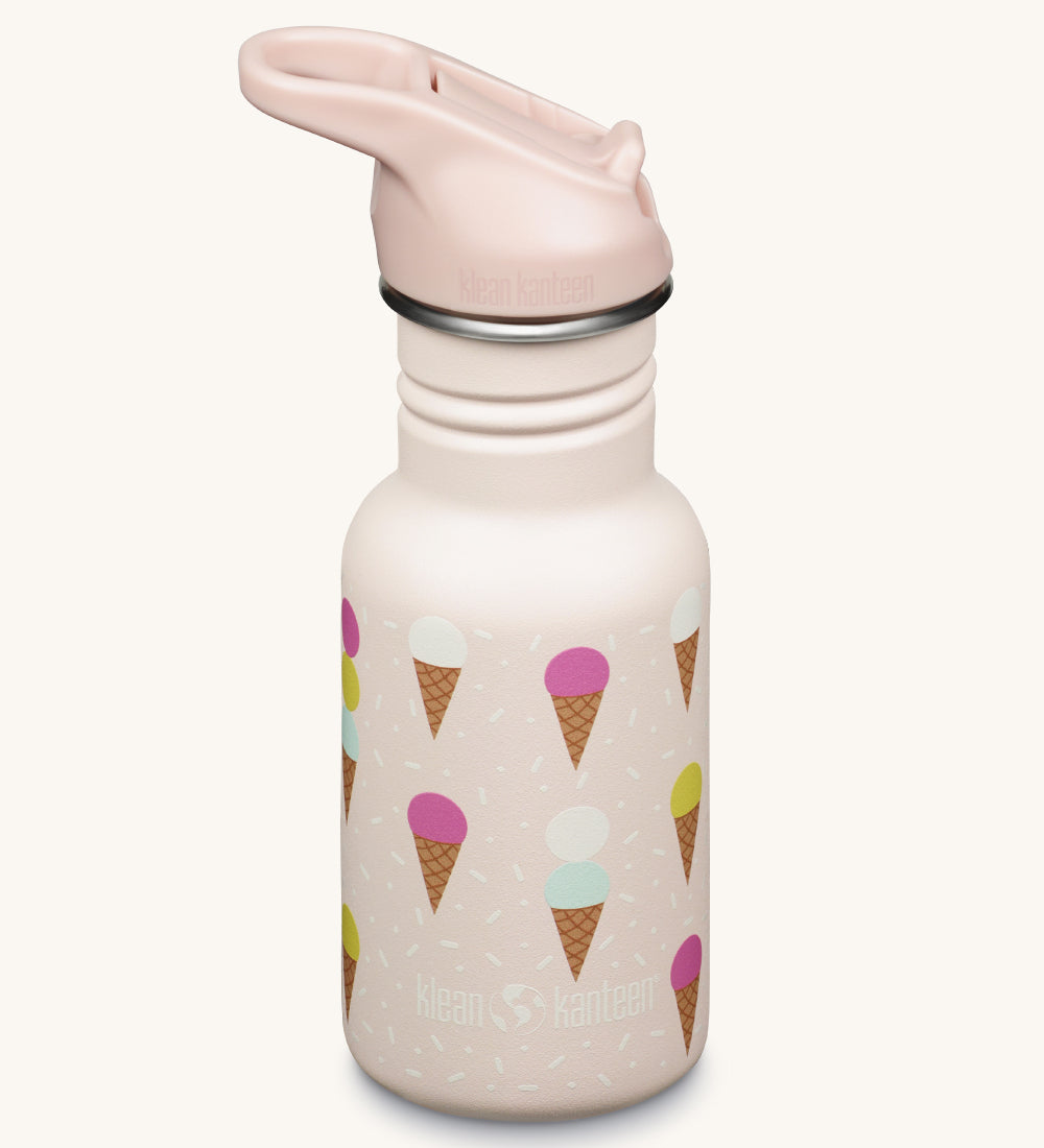 An Ice Cream Print, light pink coloured Kid Kanteen 12oz Narrow Flip Seal Sport Cap Bottle.