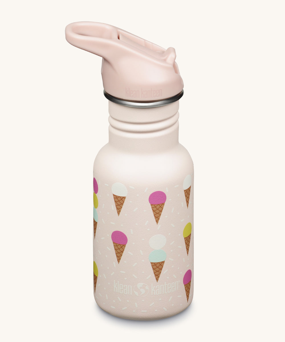 An Ice Cream Print, light pink coloured Kid Kanteen 12oz Narrow Flip Seal Sport Cap Bottle.