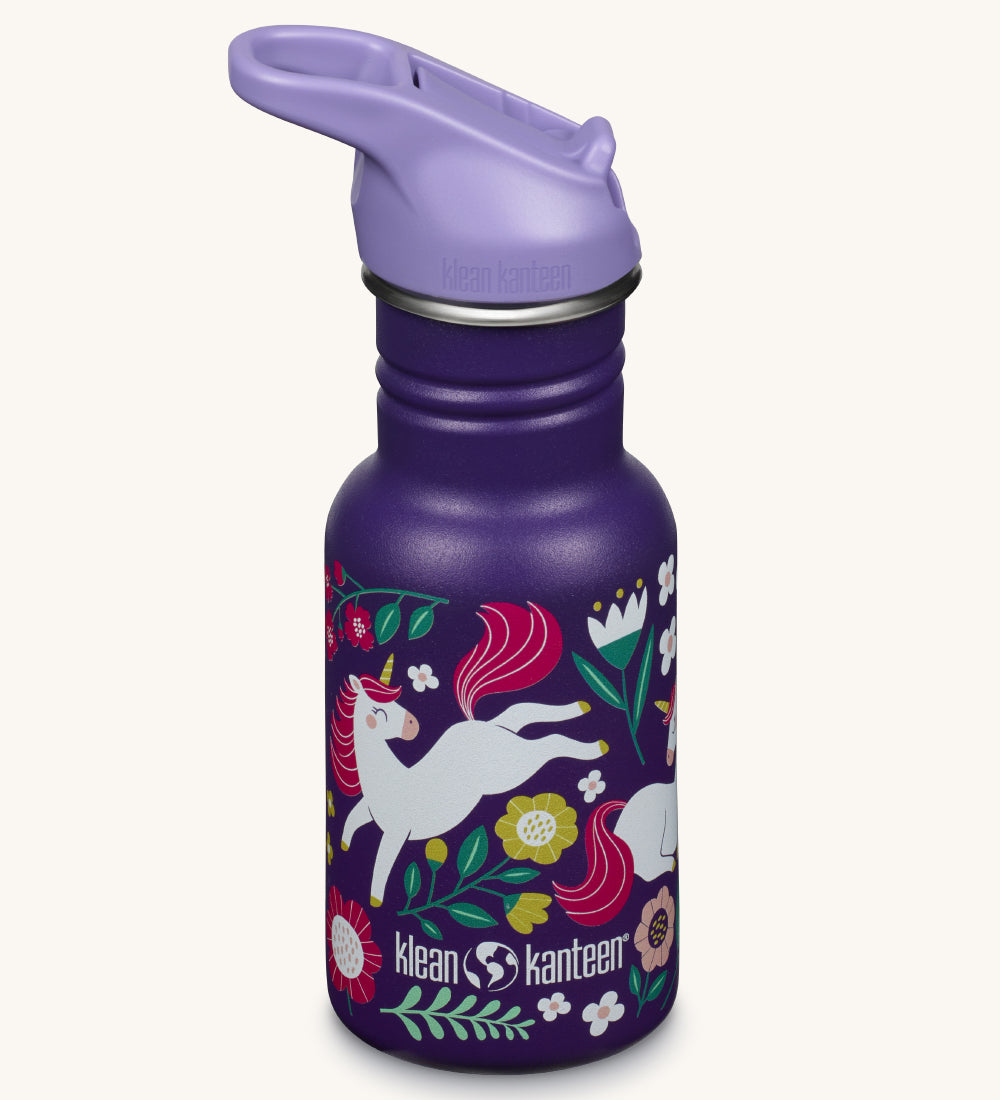 A Leaping Unicorns print purple coloured Kid Kanteen 12oz Narrow Flip Seal Sport Cap reusable Water Bottle.