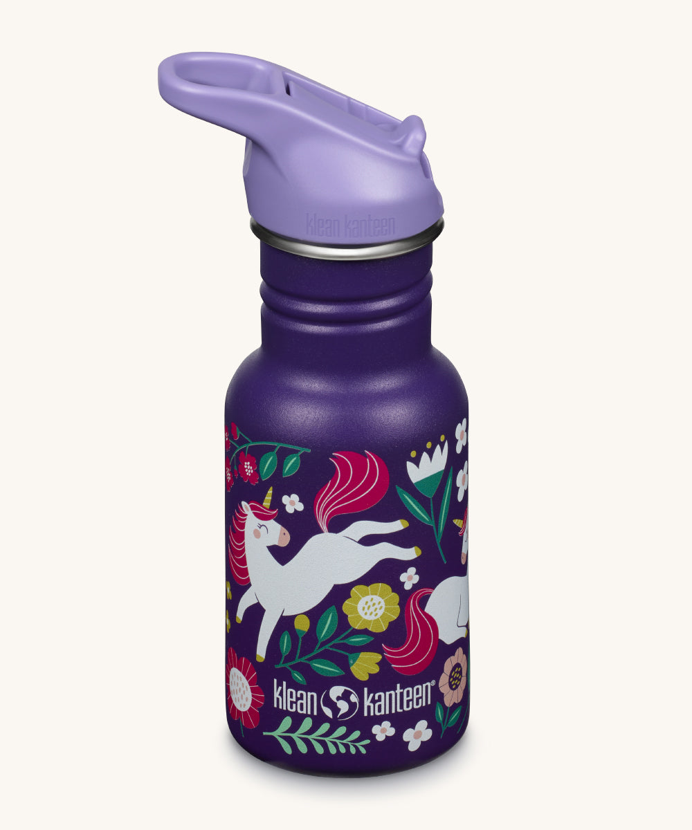 A Leaping Unicorns print purple coloured Kid Kanteen 12oz Narrow Flip Seal Sport Cap reusable Water Bottle.