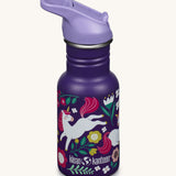 A Leaping Unicorns print purple coloured Kid Kanteen 12oz Narrow Flip Seal Sport Cap reusable Water Bottle.