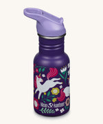 A Leaping Unicorns print purple coloured Kid Kanteen 12oz Narrow Flip Seal Sport Cap reusable Water Bottle.