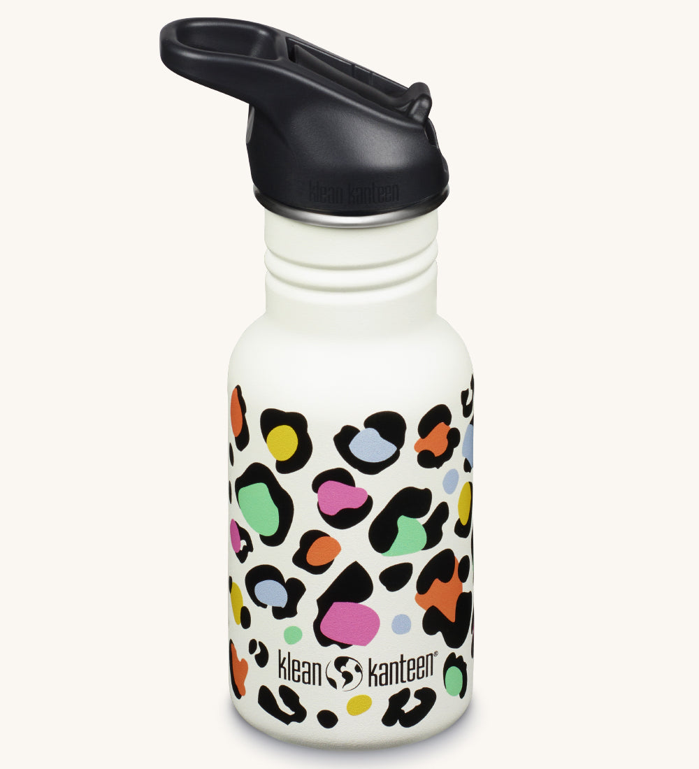 A Leopard Print white coloured Kid Kanteen 12oz Narrow Flip Seal Sport Cap Water Bottle.