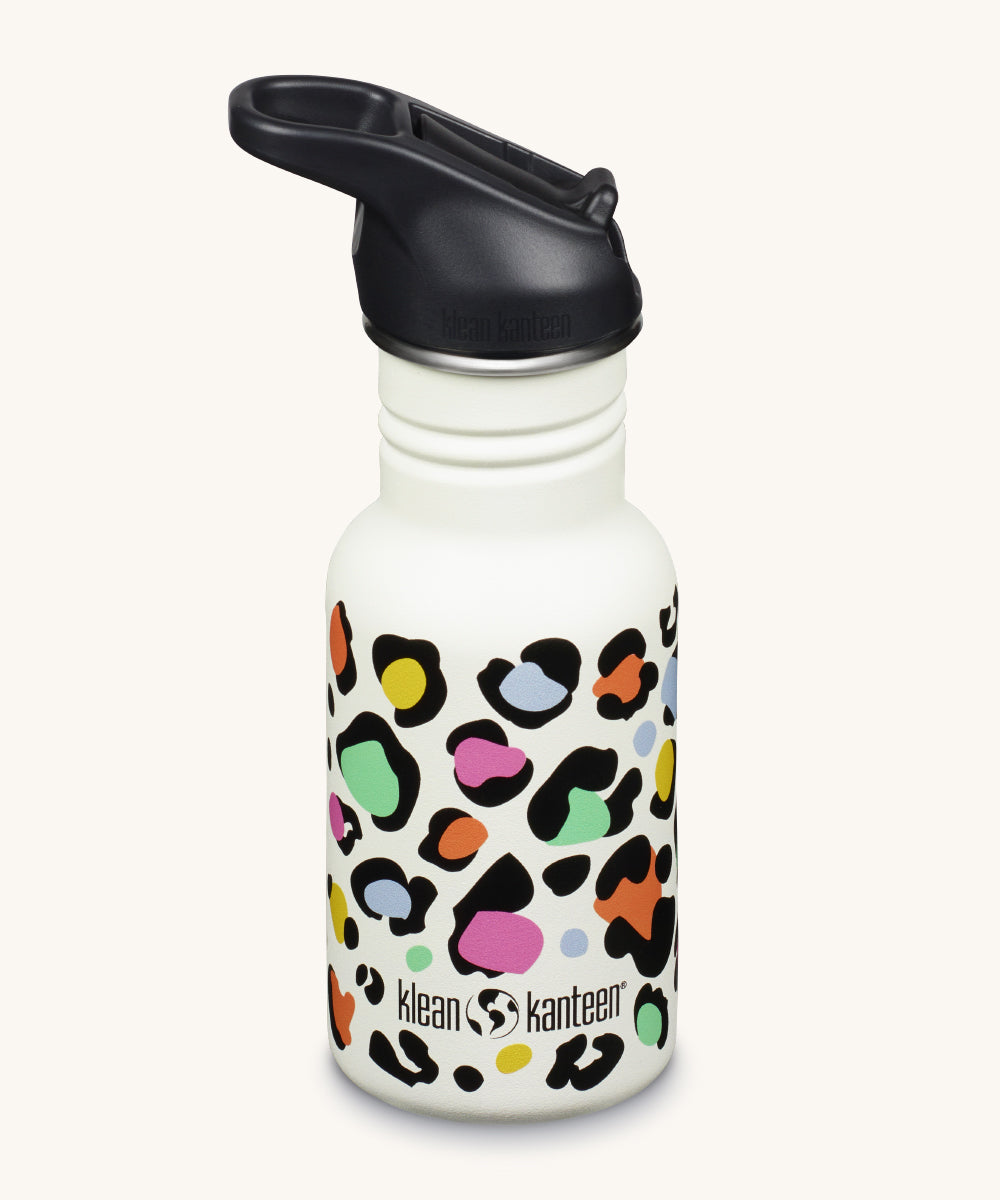 A Leopard Print white coloured Kid Kanteen 12oz Narrow Flip Seal Sport Cap Water Bottle.