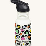 A Leopard Print white coloured Kid Kanteen 12oz Narrow Flip Seal Sport Cap Water Bottle.