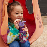 A child drinking from a purple coloured Leaping Unicorns print Kid Kanteen 12oz Narrow Flip Seal Sport Cap Bottle.