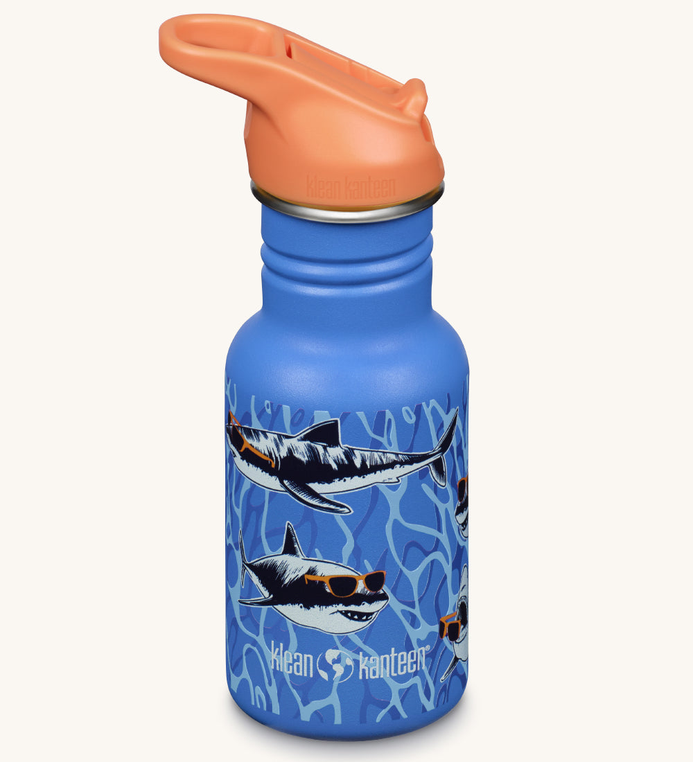 A sharks in shades print blue coloured Kid Kanteen 12oz Narrow Flip Seal Sport Cap reusable Water Bottle.