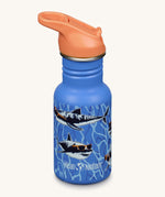 A sharks in shades print blue coloured Kid Kanteen 12oz Narrow Flip Seal Sport Cap reusable Water Bottle.