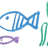 Kids crayon drawing of two fish and some coral on a white background