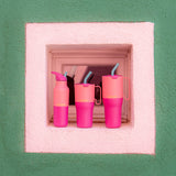 Klean Kanteen 16oz, 26 oz and 36oz rise insulated stainless steel bottle and tumblers standing in front of a window surrounded by white and green wall showing the pink colour way and handle detail on the tumblers