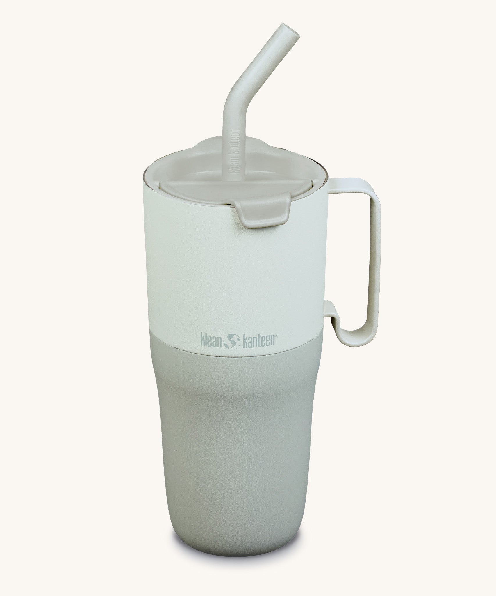 Klean Kanteen 26oz barely blue rise insulated stainless steel tumbler available at Babipur. A pale blue and grey with a matching flip lid. Features a handle on the side and matching straw.