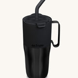 Klean Kanteen 26oz black rise insulated stainless steel tumbler available at Babipur. A black tumbler with a mat finish on the top half and glossy finish on the bottom half. Features a matching flip lid a handle on the side and matching straw.