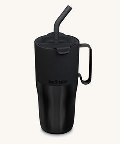 Klean Kanteen 26oz black rise insulated stainless steel tumbler available at Babipur. A black tumbler with a mat finish on the top half and glossy finish on the bottom half. Features a matching flip lid a handle on the side and matching straw.