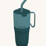 Klean Kanteen 26oz Brittany blue rise insulated stainless steel tumbler available at Babipur. A light and dark blue tumbler with a matching flip lid. Features a handle on the side and matching straw.