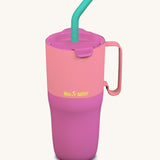 Klean Kanteen 26oz pink lemonade kaleidoscope rise insulated stainless steel tumbler available at Babipur. A dark and light pink tumbler with a dark pink flip lid. Features a matching handle on the side and a turquoise straw.
