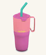 Klean Kanteen 26oz pink lemonade kaleidoscope rise insulated stainless steel tumbler available at Babipur. A dark and light pink tumbler with a dark pink flip lid. Features a matching handle on the side and a turquoise straw.