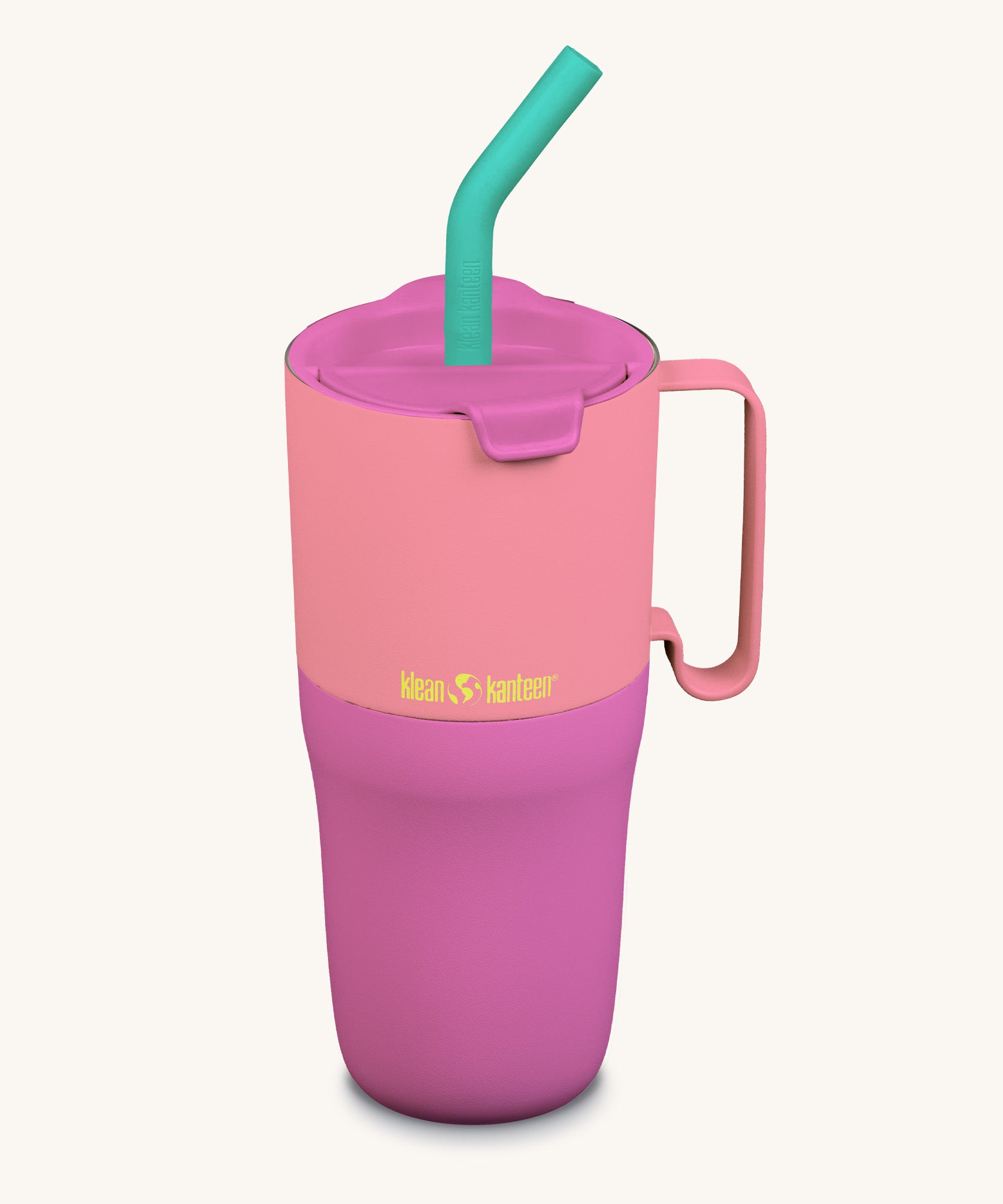 Klean Kanteen 26oz pink lemonade kaleidoscope rise insulated stainless steel tumbler available at Babipur. A dark and light pink tumbler with a dark pink flip lid. Features a matching handle on the side and a turquoise straw.