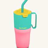 Klean Kanteen 26oz turquoise kaleidoscope rise insulated stainless steel tumbler available at Babipur.. A turquoise and pink tumbler with a yellow flip lid. Features a turquoise handle on the side and matching straw.