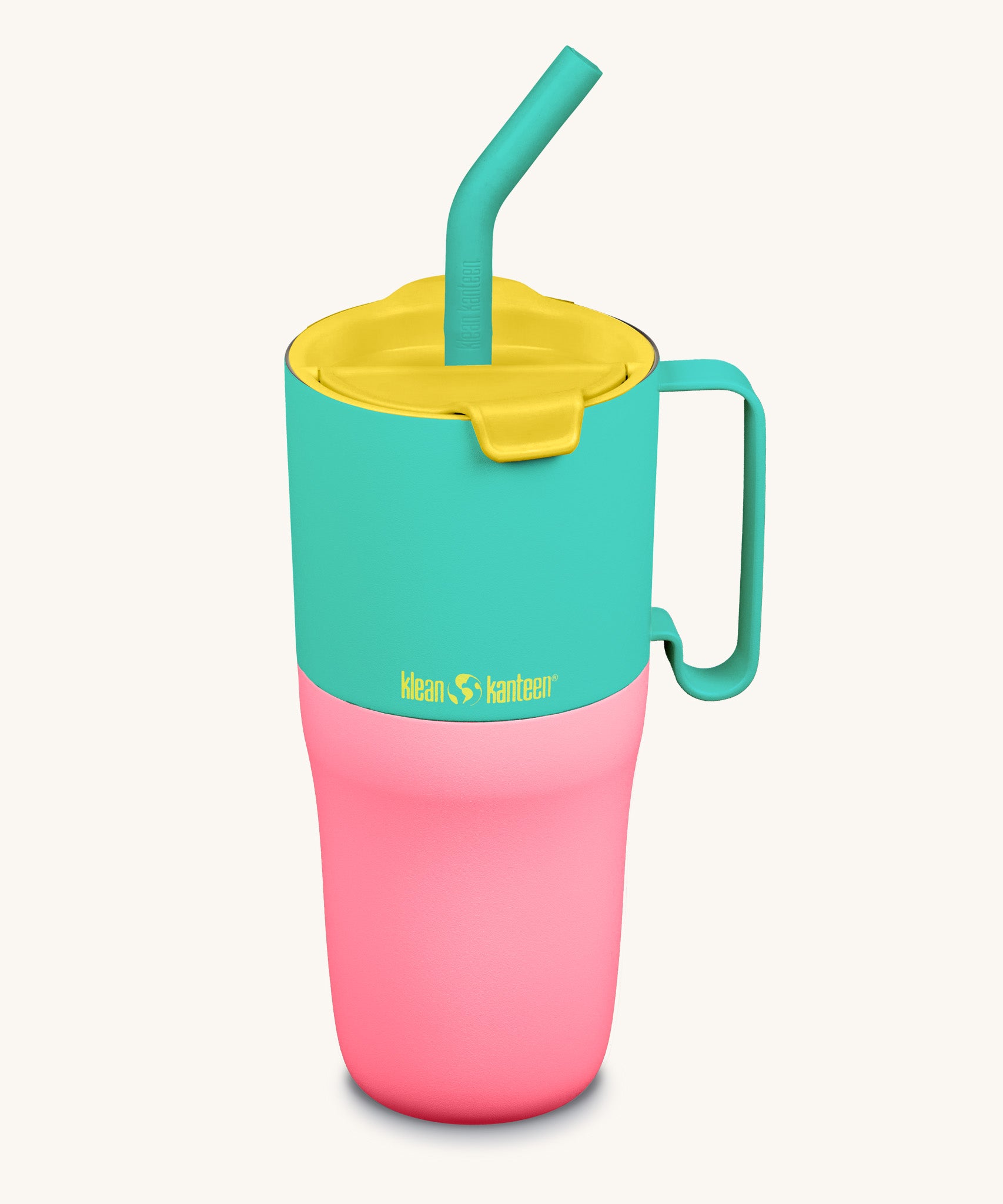 Klean Kanteen 26oz turquoise kaleidoscope rise insulated stainless steel tumbler available at Babipur.. A turquoise and pink tumbler with a yellow flip lid. Features a turquoise handle on the side and matching straw.
