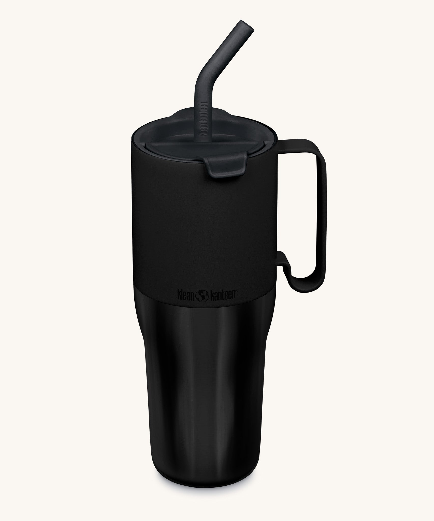 Klean Kanteen 36oz black rise insulated stainless steel tumbler available at Babipur. A black tumbler with a mat finish on the top half and glossy finish on the bottom half. Features a matching flip lid a handle on the side and matching straw.
