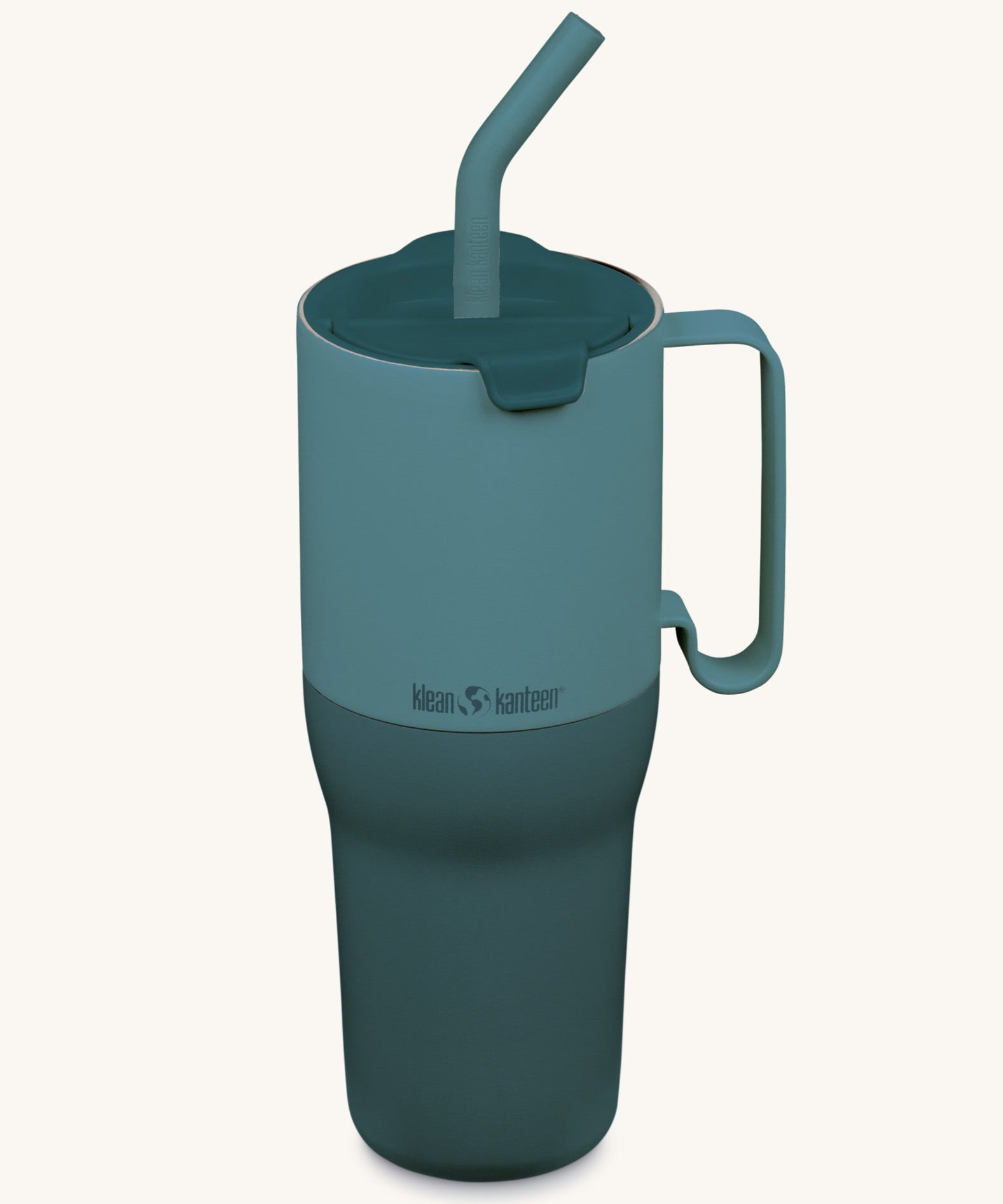 Klean Kanteen 36oz Brittany blue rise insulated stainless steel tumbler available at Babipur. A light and dark blue tumbler with a matching flip lid. Features a handle on the side and matching straw.