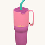 Klean Kanteen 36oz pink lemonade kaleidoscope rise insulated stainless steel tumbler available at Babipur. A dark and light pink tumbler with a dark pink  flip lid. Features a matching handle on the side and a turquoise straw.