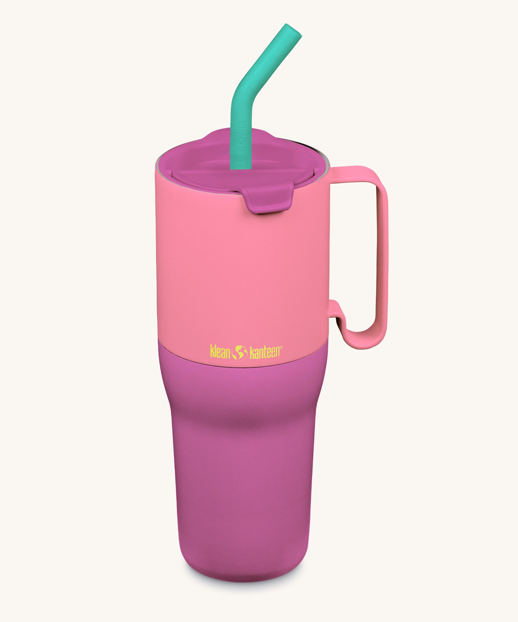 Klean Kanteen 36oz pink lemonade kaleidoscope rise insulated stainless steel tumbler available at Babipur. A dark and light pink tumbler with a dark pink  flip lid. Features a matching handle on the side and a turquoise straw.