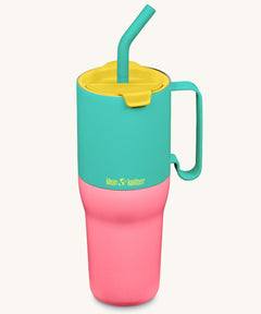 Klean Kanteen 36oz turquoise kaleidoscope rise insulated stainless steel tumbler available at Babipur. A turquoise and pink tumbler with a yellow flip lid. Features a turquoise handle on the side and matching straw.