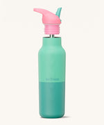 Klean Kanteen 16oz rise insulated classic with sports cap in bay kaleidoscope. A reusable stainless steel bottle in light and dark turquoise colour. Comes with a flip sports straw cap in light pink and turquoise.