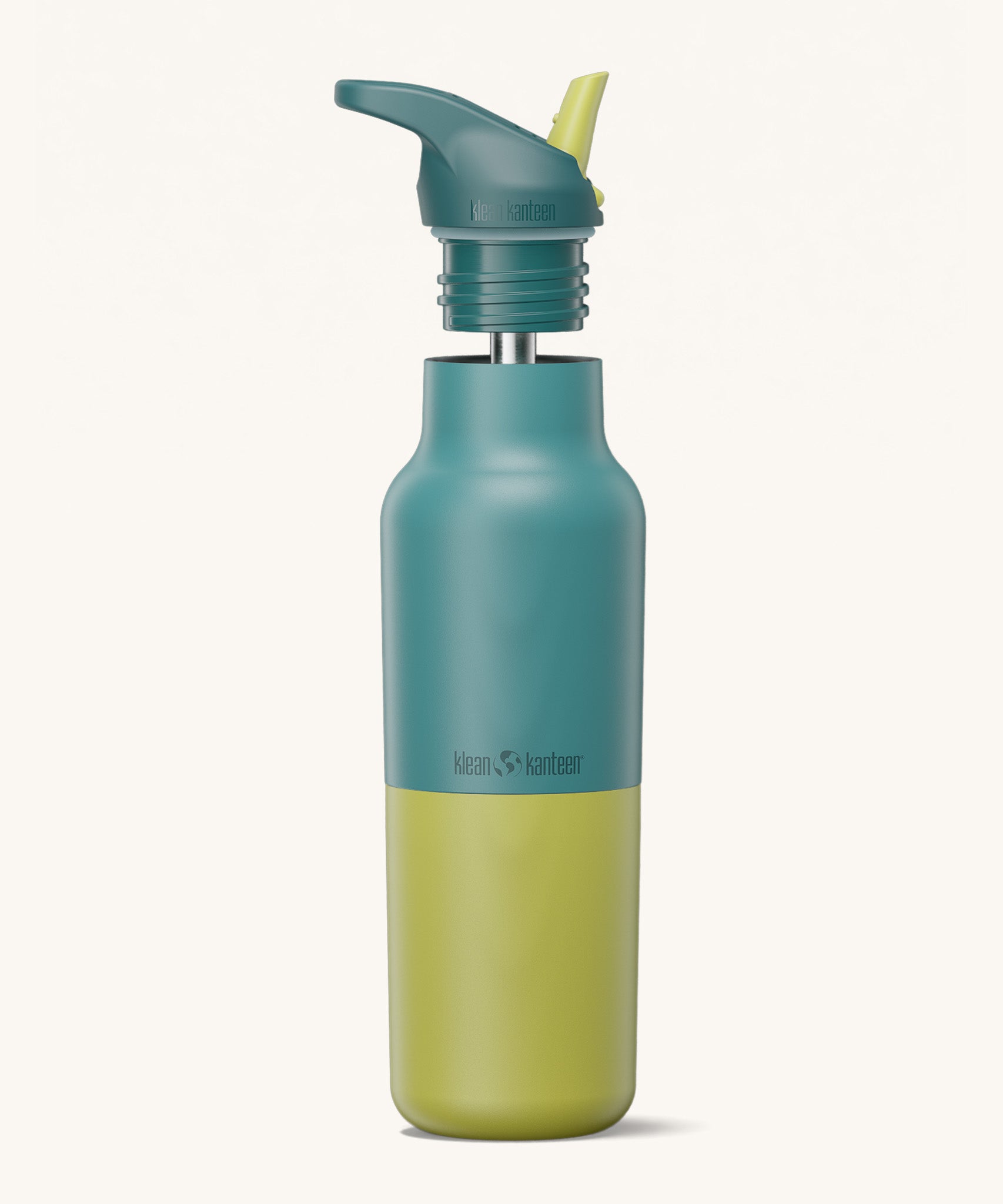 Klean Kanteen 16oz rise insulated classic with sports cap in Brittany kaleidoscope. A reusable stainless steel bottle in green and blue. Comes with a flip sports straw cap in matching colours