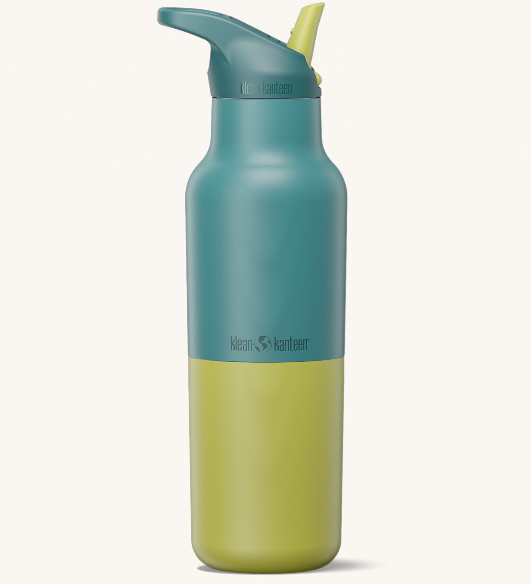 Klean Kanteen 16oz rise insulated classic with sports cap in Brittany kaleidoscope available at Babipur. A reusable stainless steel bottle in blue and green colour matching flip sports straw cap.