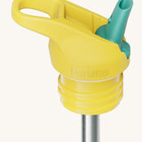 A close up of the Klean Kanteen yellow and turquoise flip sports straw cap for the rise insulated bottle showing the turquoise spout and small loop detail.