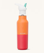 Klean Kanteen 16oz rise insulated classic with sports cap in marigold kaleidoscope. A reusable stainless steel bottle in orange and red colour. Comes with a flip sports straw cap in white and turquoise.