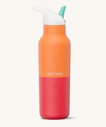 lean Kanteen 16oz rise insulated classic with sports cap in marigold kaleidoscope available at Babipur. A reusable stainless steel bottle in orange and red colour with a white and turquoise flip sports cap.