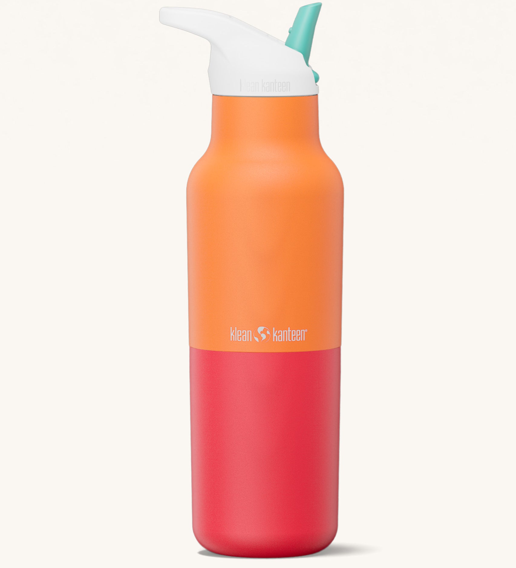 lean Kanteen 16oz rise insulated classic with sports cap in marigold kaleidoscope available at Babipur. A reusable stainless steel bottle in orange and red colour with a white and turquoise flip sports cap.