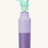 Klean Kanteen 16oz rise insulated classic with sports cap in orchid kaleidoscope. A reusable stainless steel bottle in light and dark purple colour. Comes with a flip sports straw cap in light turquoise.