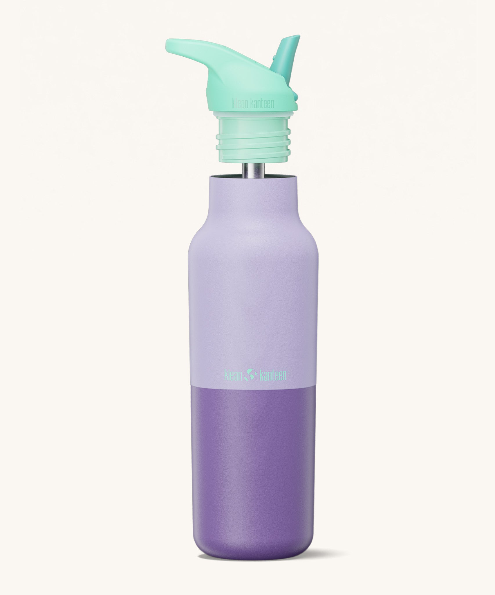 Klean Kanteen 16oz rise insulated classic with sports cap in orchid kaleidoscope. A reusable stainless steel bottle in light and dark purple colour. Comes with a flip sports straw cap in light turquoise.