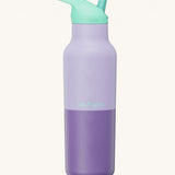 Klean Kanteen 16oz rise insulated classic with sports cap in orchid kaleidoscope available at Babipur. A reusable stainless steel bottle in light and dark purple colour with a turquoise flip sports cap.