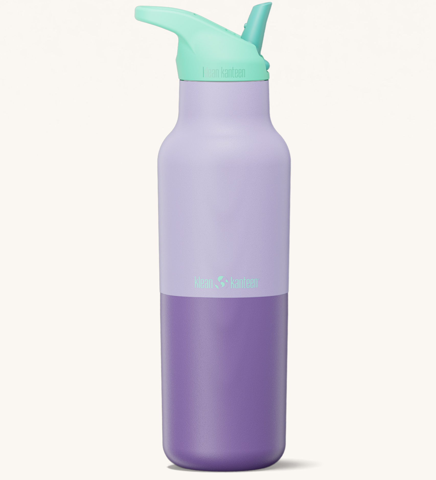 Klean Kanteen 16oz rise insulated classic with sports cap in orchid kaleidoscope available at Babipur. A reusable stainless steel bottle in light and dark purple colour with a turquoise flip sports cap.