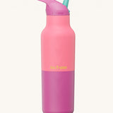 Klean Kanteen 16oz rise insulated classic with sports cap in pink lemonade kaleidoscope available at Babipur. A reusable stainless steel bottle in light and dark pink colour with matching leakproof flip sports cap.