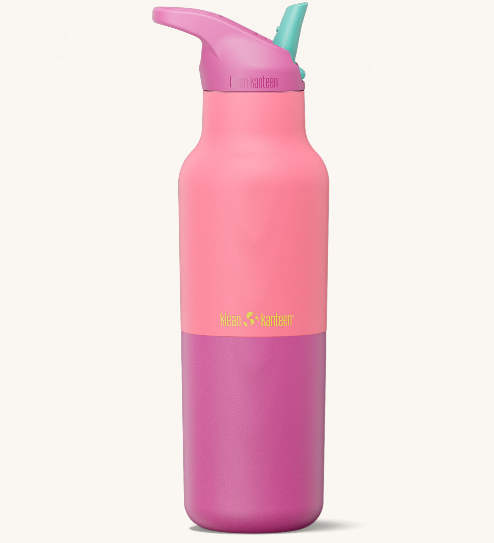 Klean Kanteen 16oz rise insulated classic with sports cap in pink lemonade kaleidoscope available at Babipur. A reusable stainless steel bottle in light and dark pink colour with matching leakproof flip sports cap.