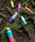 A group of the new Klean Kanteen rise collection available at Babipur on woodland ground showing the acacia, pink lemonade classic bottles and the marigold, orchid, bay and turquoise kaleidoscope 16oz stainless steel reusable bottles