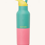 Klean Kanteen 16oz rise insulated classic with sports cap in turquoise kaleidoscope available at Babipur. A reusable stainless steel bottle in turquoise and pink colour with a yellow and turquoise flip sports cap.