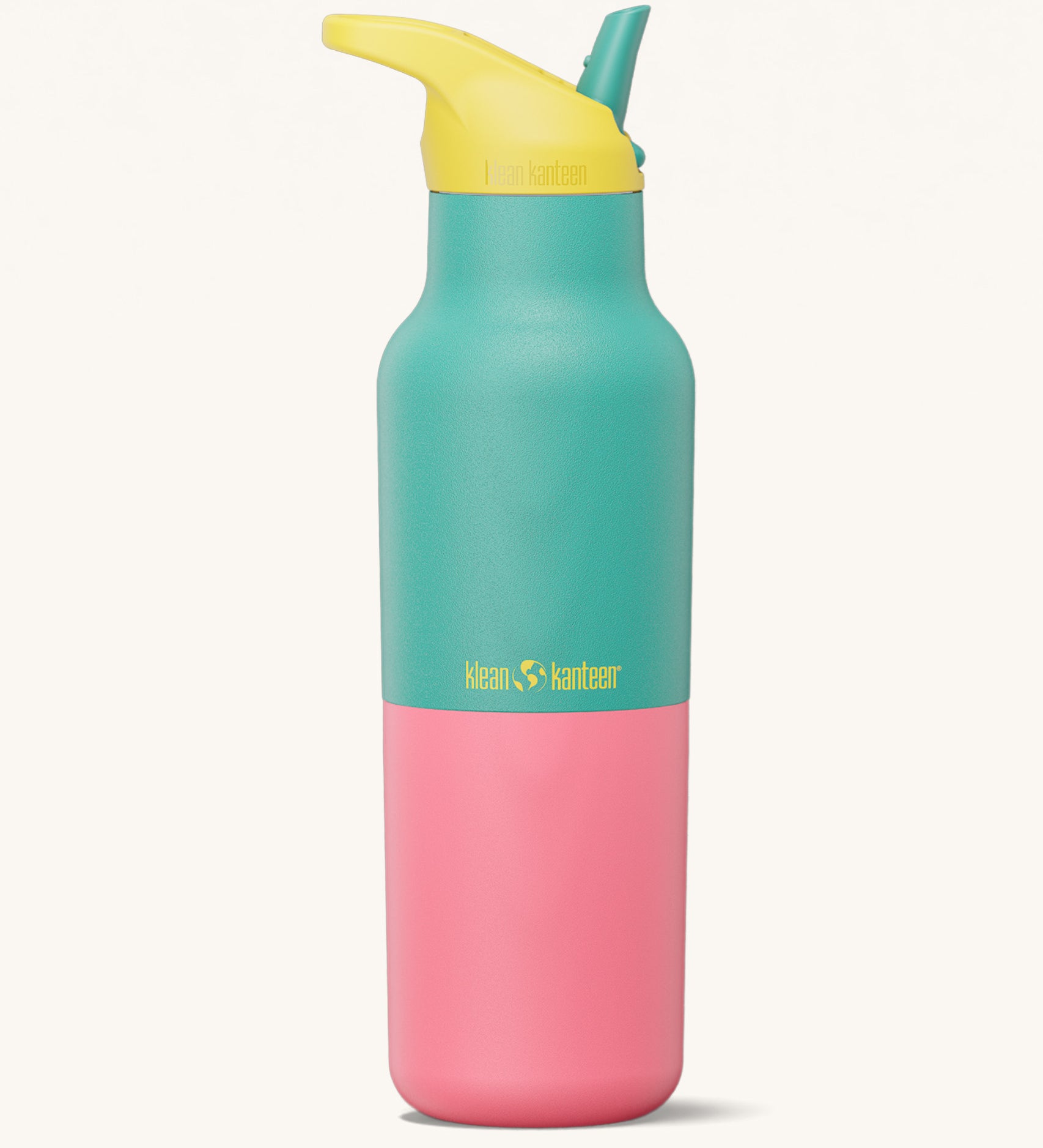 Klean Kanteen 16oz rise insulated classic with sports cap in turquoise kaleidoscope available at Babipur. A reusable stainless steel bottle in turquoise and pink colour with a yellow and turquoise flip sports cap.