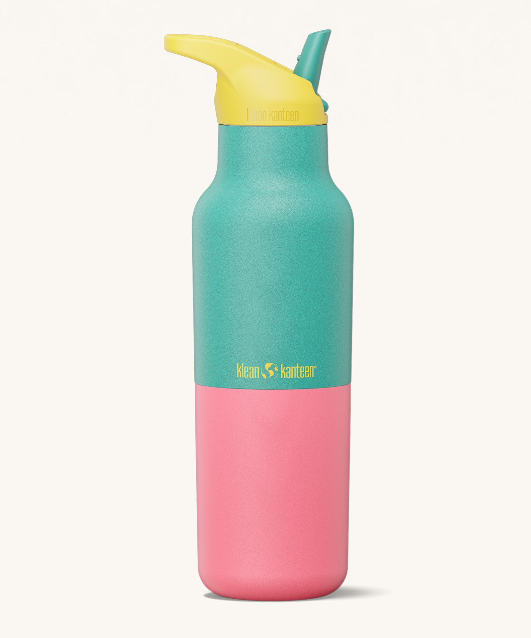 Klean Kanteen 16oz rise insulated classic with sports cap in turquoise kaleidoscope available at Babipur. A reusable stainless steel bottle in turquoise and pink colour with a yellow and turquoise flip sports cap.